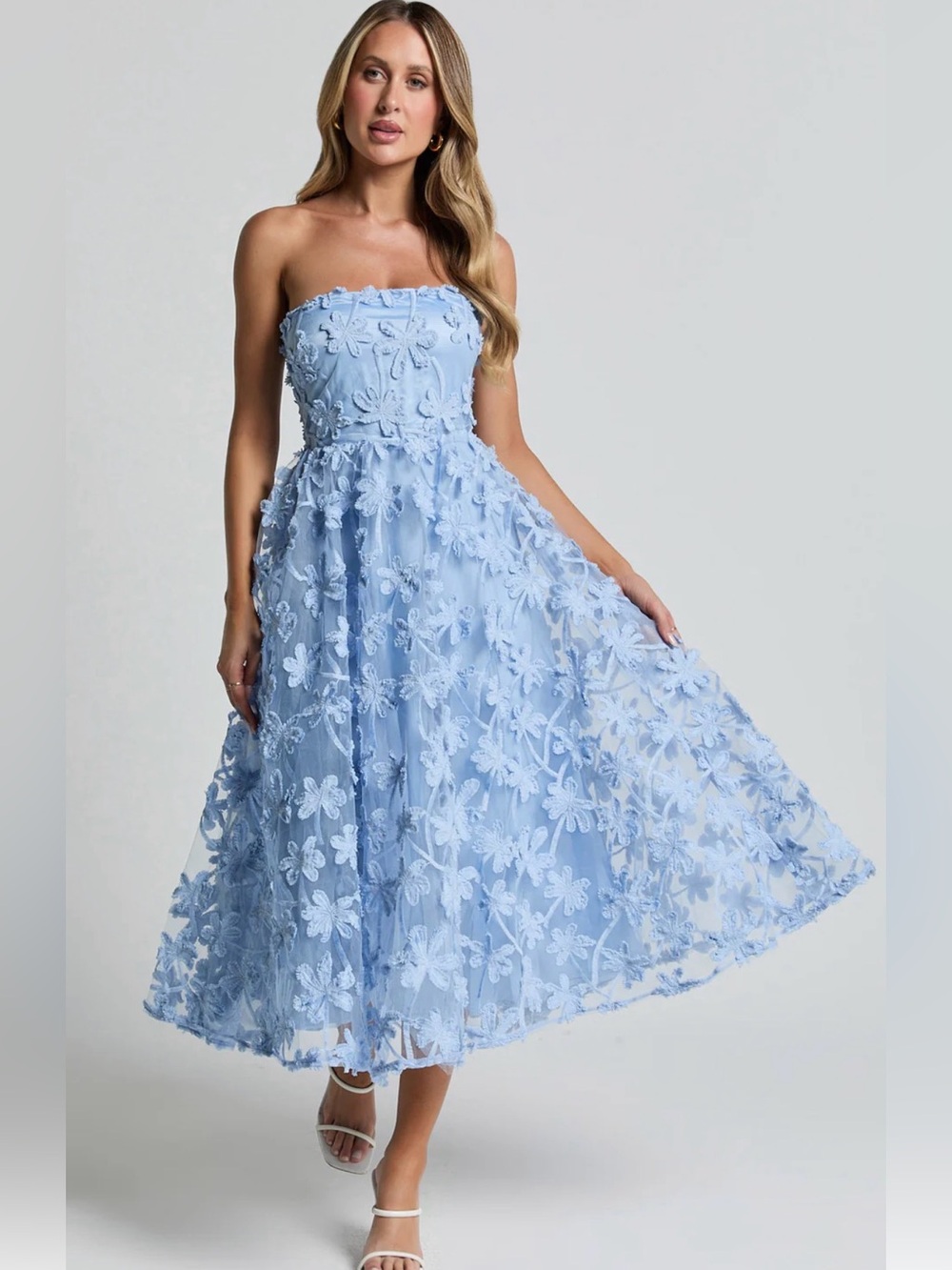 Showpo Size M Powder Blue Strapless Floral Appliqué Midi Dress